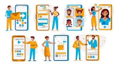 Hand drawn flat character with mobile mockup element set