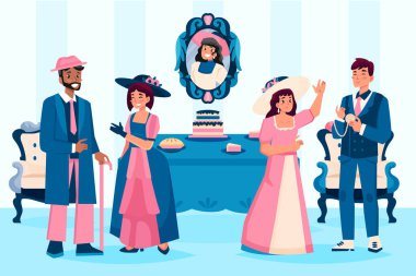 Hand drawn flat period costumes composition