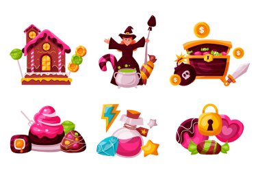 El çizimi düz oyun varlıkları mini kompozisyonlar