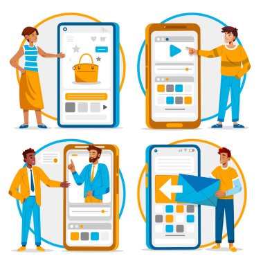 Hand drawn flat character with mobile mockup mini composition se