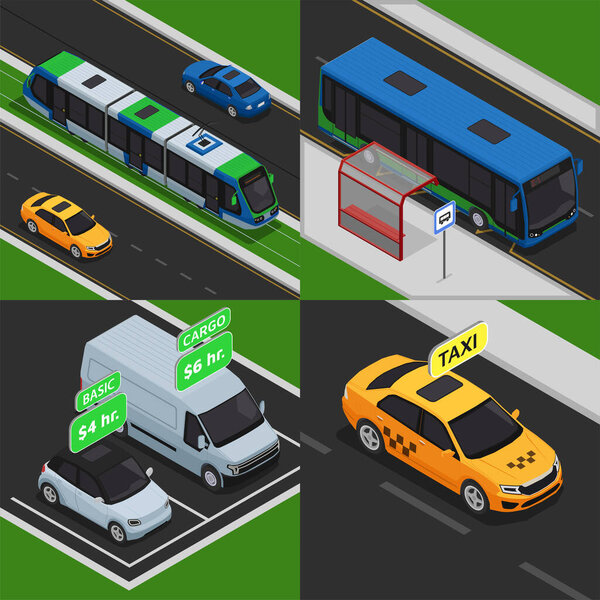 Изометрический набор иллюстраций для общественного транспорта с вехи