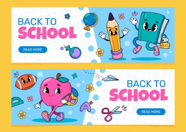 Çizgi film Okula Yatay Pankart Şablonu Ayarlandı