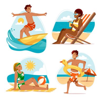 El çizimi karikatür tatilleri mini kompozisyonlar ayarlandı