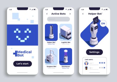 Tıbbi robotlar izometrik görünümde uygulama tasarımı