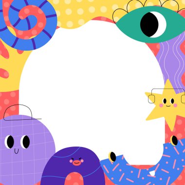 Düz stil kopyalama alanı olan sevimli karakterler çerçeve