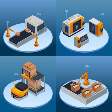 İzometrik görünümdeki akıllı endüstri bileşimleri