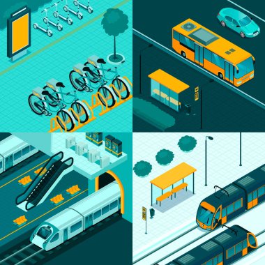 Farklı tiplere sahip Isometric toplu taşıma illüstrasyonu