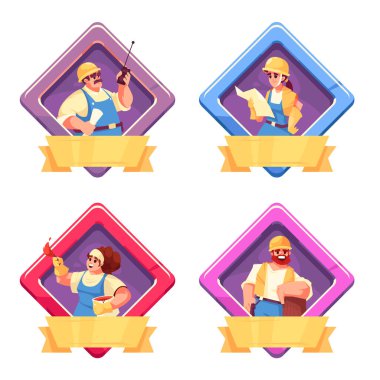 İnşaat işçileri düz tasarımla amblem yapıyorlar.