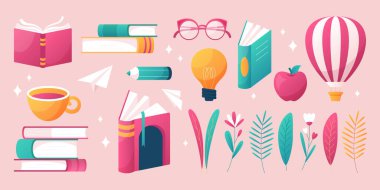 Dünya Kitap Günü çizgi film simgeleri seti