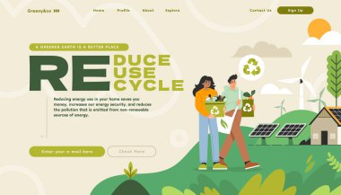 Güneş panelleri, rüzgar türbinleri ve çevre dostu evlerden oluşan geri dönüşüm kutularını tutan iki kişinin resmi. Metinde, daha yeşil bir dünyanın küçültülmesi, yeniden kullanılması ve geri dönüşümü vurgulanıyor.