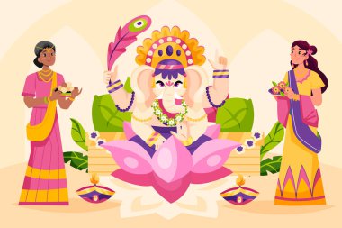 Tanrı Ganesha 'nın resmi, geleneksel giysiler içinde iki kadın dua ve çiçek sunuyor, dekoratif elementler ve lambalarla..