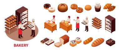 Fırıncıların, çeşitli fırınların ve fırın ekipmanlarının Isometric çizimi.