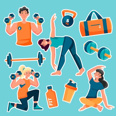 Çeşitli fitness aktivitelerine katılan farklı bireylerin renkli bir çizimi. Sahne, halterleri kaldıran, gerinen ve spor çantası, ağırlık ve titretici şişe gibi spor aletleri kullanan karakterleri içeriyor.
