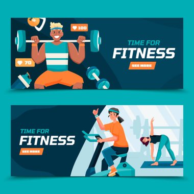 Egzersiz yapan iki fitness temalı pankart. Üstteki pankartta ağırlık kaldıran bir kişi görünüyor, alttaki pankartta ise egzersiz bisikletinde bir kişi ve gerinen başka bir kişi görülüyor..