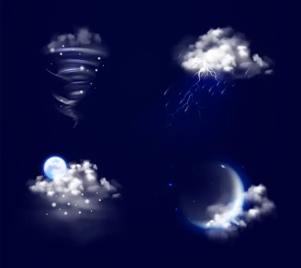 stock vector Digital illustration featuring a tornado, lightning storm, moon with clouds, and crescent moon with stars against a dark blue background.