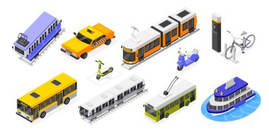 İzometrik görünümde şehir taşımacılığının toplanması beyaz arkaplan üzerinde izole edilmiş