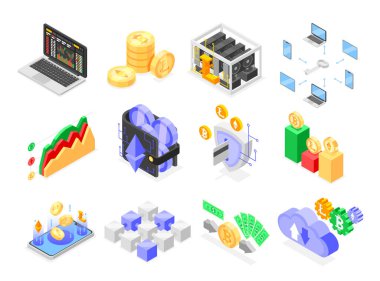 İzometrik görünümde elementlerin ve blok zinciri kavramlarının toplanması