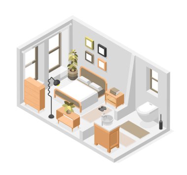 Ebeveyn yatak odasının kompozisyonu ve banyonun izometrik görünümü