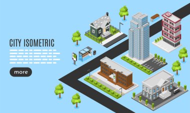 Mavi arkaplanda yatay afiş şablonlu Isometric şehir manzarası