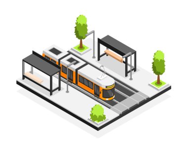 Illustration of a tram in the middle of the city in isometric view clipart