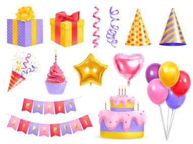 Gerçekçi doğum günü unsurları, balonlar, pasta ve hediye kutuları.