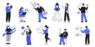 Grafikler ve fikirlerle çalışan el çizimi işadamları