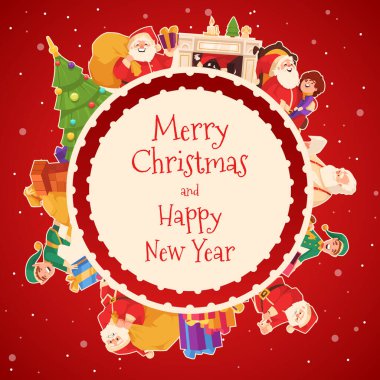 Noel Baba ve kırmızı arka planda Noel elemanları ile mutlu Noeller.