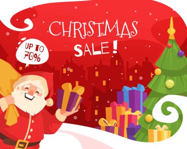 Noel Baba 'nın kış kenti arka planında hediyeler verdiği karikatür reklam kompozisyonu.