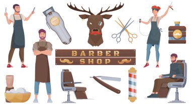 El yapımı klasik berber dükkanı elementleri araçlar ve karakterler ile ayarlandı