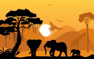 Günbatımında Afrika hayvanları siluetleri