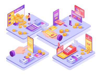 Aygıtlarla Isometric mobil ve dijital bankacılık hizmetleri kompozisyonu çizimi