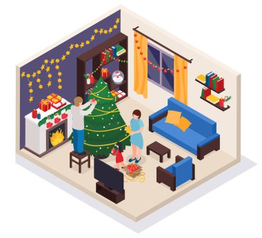 Noel 'i ev dekorasyonunda kutlayan bir aile sahnesi.