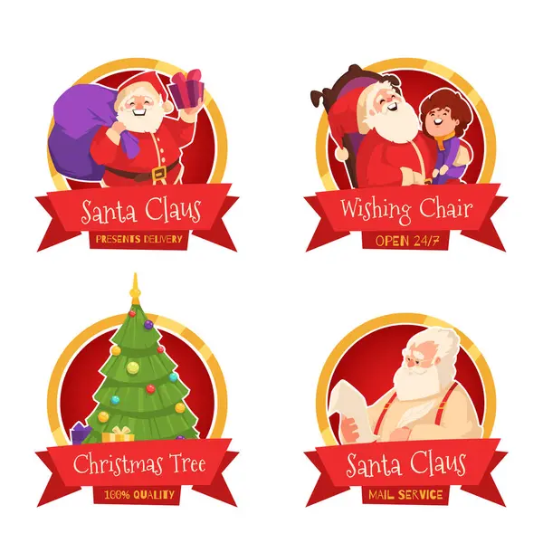 Cartoon Christmas round labels collection with Santa Claus and Christmas tree — Illustration Cartoon Christmas Labels Collection Santa Claus Christmas Tree — Stock Vector