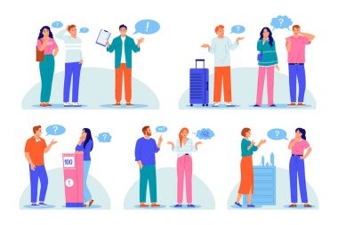 Farklı durumlarda soru soran düz insanlar görüntüleme seti