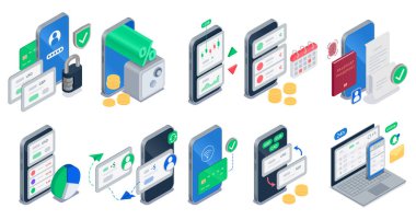 İzometrik görünümdeki dijital bankacılık için farklı hizmet ve aygıtların toplanması