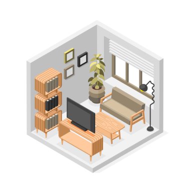İzometrik görünümlü bir oturma odasındaki mobilya ve ev elementlerinin bileşimi