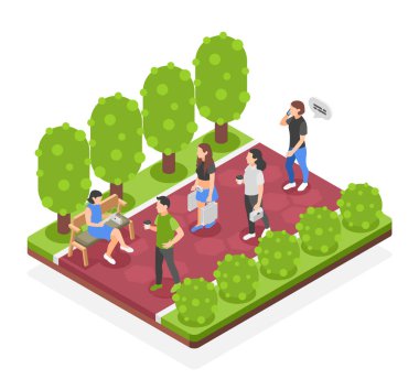 İzometrik görüntüde parkta bir şeyler yapan insanların canlandırması