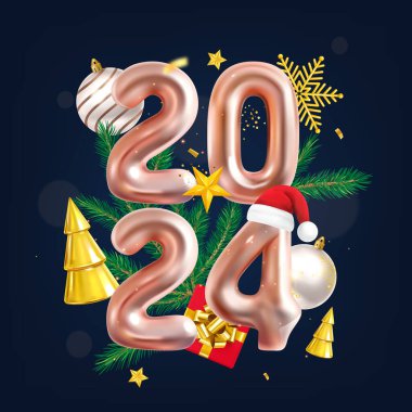 3D metinli mutlu yıllar 2024 kompozisyonu. Noel süslemeleri