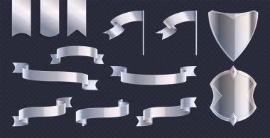 Büyük, lüks kurdeleler, kalkanlar ve gümüş renkli yer imleri.