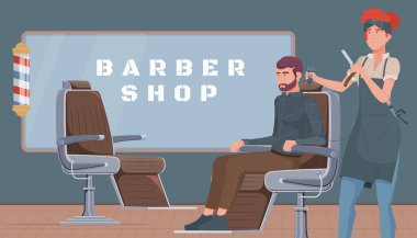 Berber bir kadınla berber salonu sahnesiyle el çizimi klasik berber çizimi.