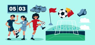 Set of different cartoon football items. Collection of players, football equipments and goal net clipart