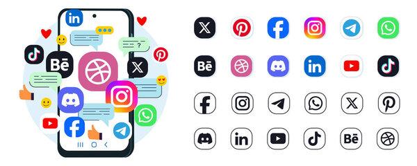 Collection of colored and black and white social media logo icons. Smartphone illustration with a lot of different social media logo