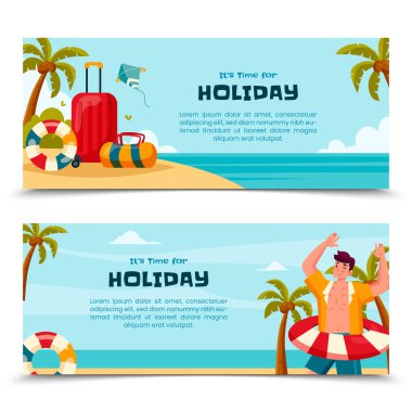 Plaj elementlerinin yer aldığı iki canlı bayram temalı afiş.