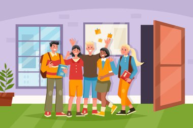 Beş farklı öğrenciden oluşan bir grup, bir okul koridorunda el ele tutuşmuş, ellerinde kitap ve sırt çantaları, bir pencere ve arka planda açık bir kapı ile mutlu bir şekilde duruyorlar..