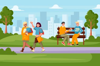 Ağaçlarla çevrili banklarda yürüyen ve oturan insanların olduğu canlı bir park sahnesi ve arka planda bir şehir manzarası..