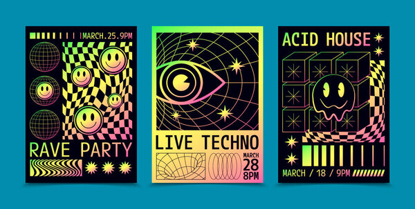 Three vibrant, retro-style party posters featuring psychedelic designs with neon colors.