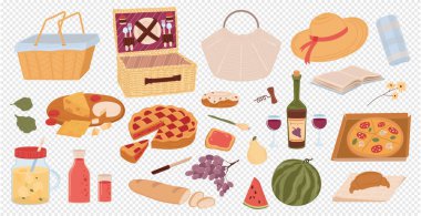 Şeffaf arkaplanda düz piknik elemanları koleksiyonu