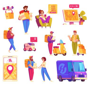 Farklı karikatür dağıtım kompozisyonları koleksiyonu. Yol haritası, kamyon, İHA teslimatı, kurye ve insanlar