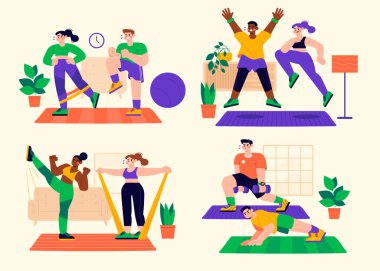 Dört mini kompozisyon seti. Çizgi film çizimi, evde egzersiz yapan insanların çizimi