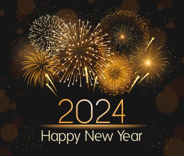 2024 yılının karanlık gökyüzü hakkında gerçekçi, altın rengi havai fişekler.